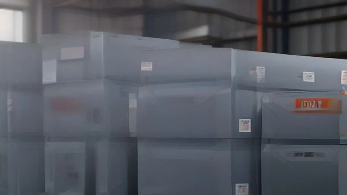 Stack of aluminium ASIC mining machines on a pallet in a bright warehouse